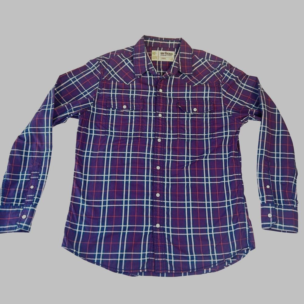 Urban Pipeline Button Shirt Men's Large Purple Plaid Pocket Skater Surfer Y2K